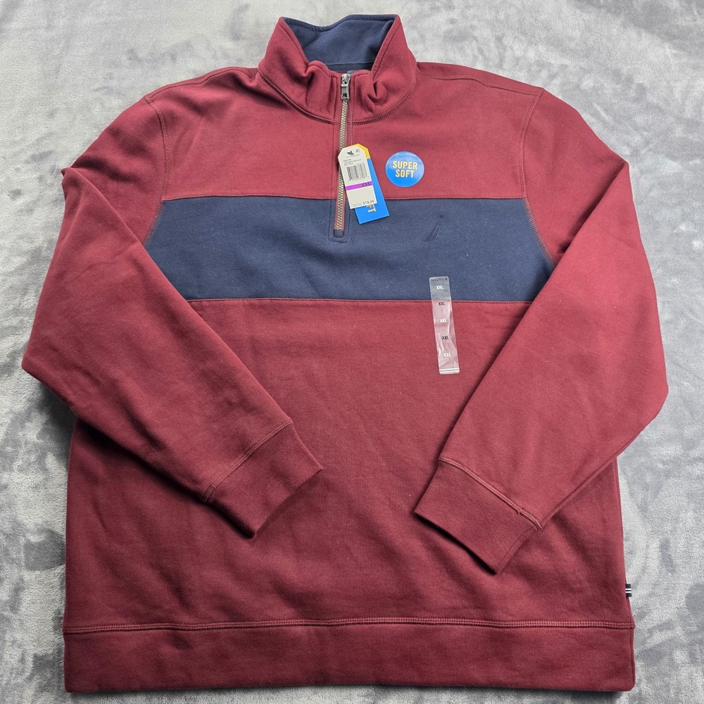 NEW Nautica Quarter Zip Pullover Mens XXL‎ Burgundy Navy Colorblock Super Soft